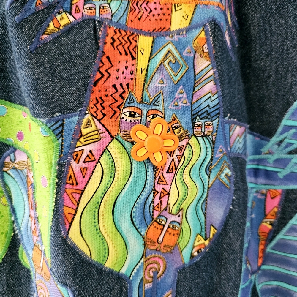 Vintage Haiks crazy cats denim blouse size L embroidered embellished - Picture 13 of 16